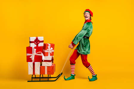 Full length body size view of his he nice attractive amazed glad cheerful funny guy elf carrying...