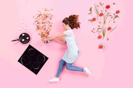 Top above high angle view full size profile side photo of amazed housewife girl flat lay try catch...