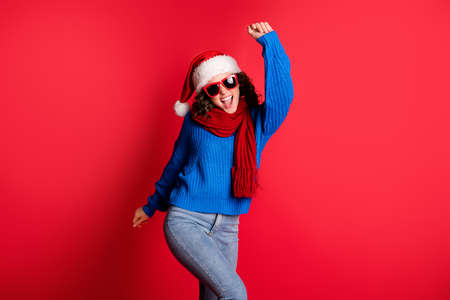 Portrait of her she nice attractive glad cheerful cheery funky girl wearing casual outfit dancing...