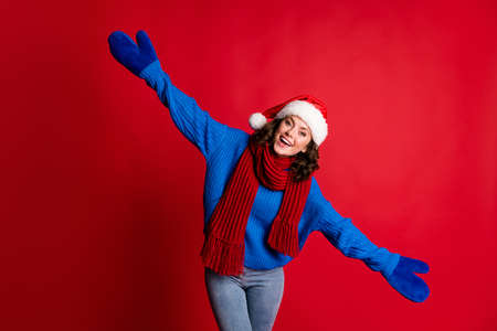 Portrait of her she nice attractive pretty kind friendly cheerful cheery girl wearing festal Santa...