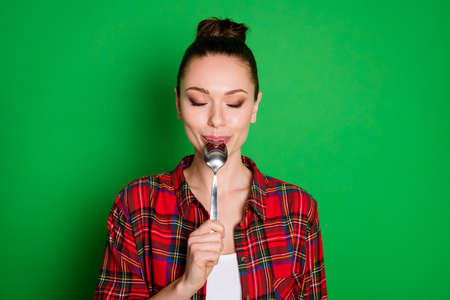 Close-up portrait of her she nice attractive pretty lovely dreamy cheery girl in checked shirt...