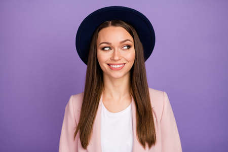 Portrait of lovely attractive girl look listen her friends enjoy weekend free time holiday wear modern clothes isolated over purple color backgroundの写真素材