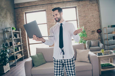 Photo of positive boss company owner work remote laptop have partnership investment online...