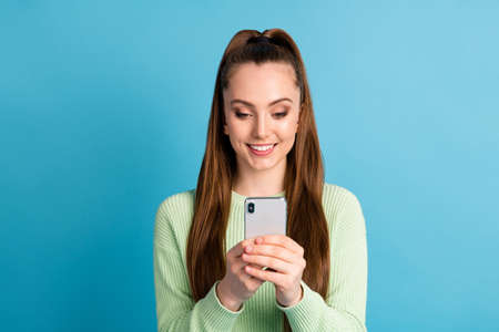 Close-up portrait of her she nice-looking attractive pretty lovely focused cheerful cheery...