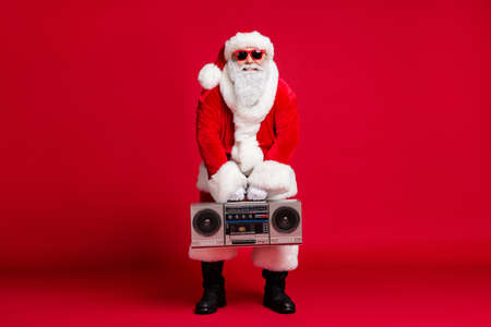 Full body size photo of retired old man grey beard hold boombox starting dance hip-hop battle wear...