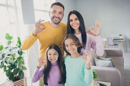 Photo of full big family four members two small kids show okey look camera wear colorful sweater in living room indoorsの写真素材
