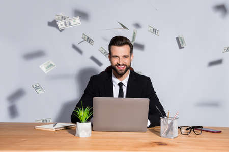 Photo of macho business guy notebook table bucks american falling toothy smiling rich chief success...
