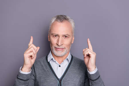 Close-up portrait of his he nice attractive content confident business shark wearing casual...