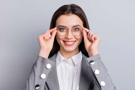 Closeup photo of attractive business lady perfect appearance beaming smiling showing new vision...