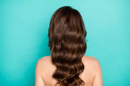 Close-up rear back behind view portrait of her she nice attractive wavy-haired girl strong natural...