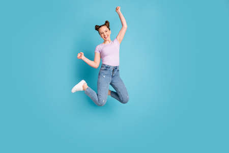 Full length body size view of her she attractive lovely teenage lucky overjoyed cheerful cheery girl...