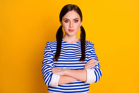 Portrait of her she nice-looking attractive pretty lovely content brown-haired girl folded arms...