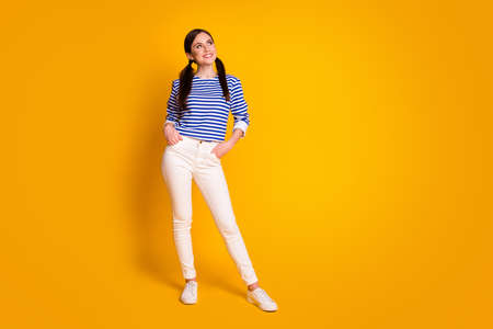 Portrait of candid satisfied girl enjoy travel summer weekend rest relax look good copyspace...