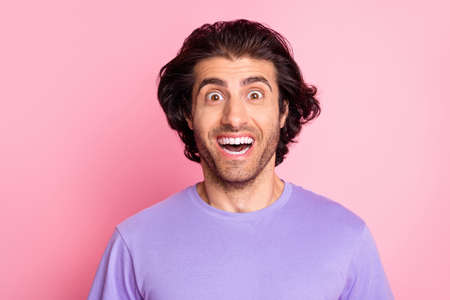 Photo of young handsome arabian man excited amazed shocked gossip news isolated over pink color...