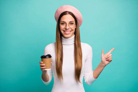 Portrait of her she nice attractive pretty cheerful cheery straight-haired girl drinking latte...