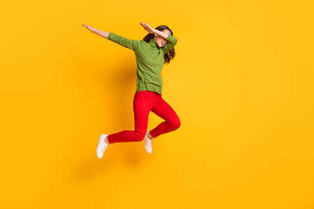 Full length photo of crazy dancer lady jump up party dance wear casual pullover shoes trousers...
