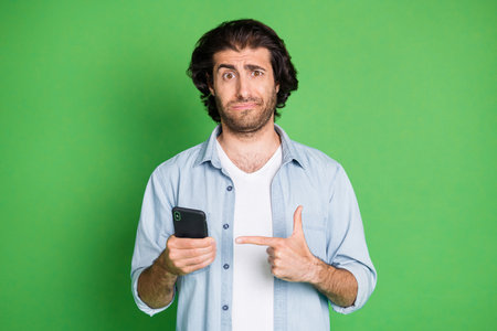 Portrait of his he nice attractive unsure hesitant guy using device demonstrating post notification...