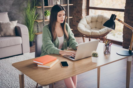 Photo of serious girl work laptop from home wear green shirt indoorsの写真素材