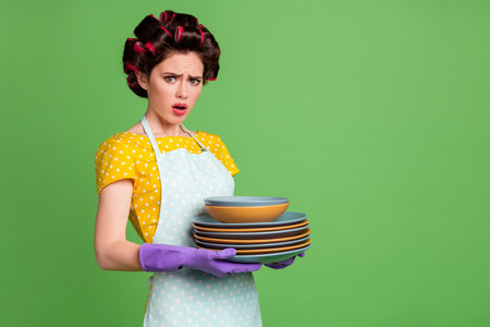 Portrait of her she nice attractive glamorous overwhelmed depressed maid wearing curlers holding in hands tidy neat pile stack plates isolated over green color backgroundの写真素材