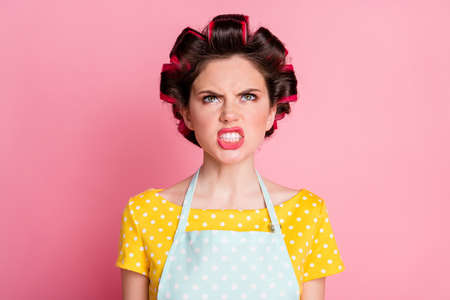 Close-up portrait of her she nice attractive crazy frustrated mad brown-haired housewife grimacing blame fail isolated on pink pastel color backgroundの写真素材