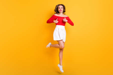 Full length body size photo girl wearing stylish outfit laughing showing like gesture both hands...