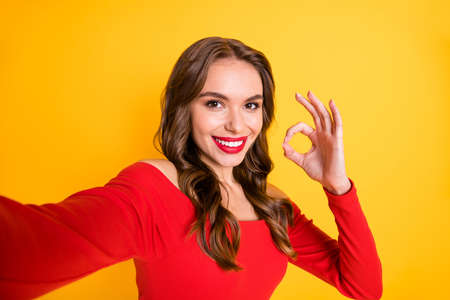 Photo portrait of cheerful girl smiling taking selfie showing okay approval sign fingers smiling...