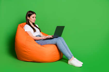Profile photo of attractive lady hold computer texting reading email freelancer wear t-shirt jeans sneakers isolated green backgroundの写真素材