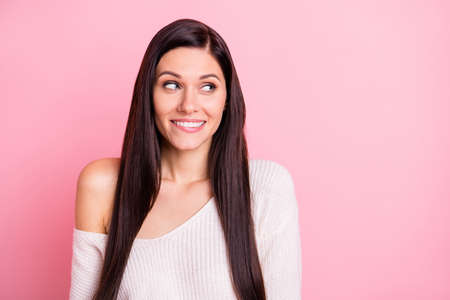 Photo of young beautiful happy smiling positive flirty girl with long silky hair look copyspace...