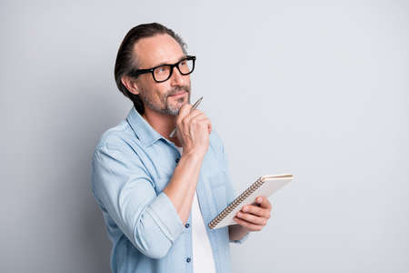 Profile side photo of mature man dream think brainstorming idea write minded look empty space...