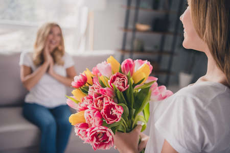 Cropped photo of mother and daughter give tulips celebrate holiday sit couch indoors inside flat apartmentの写真素材