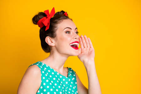 Profile side photo of positive girl hold hand mouth scream wear green skirt isolated shine color...