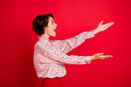Profile portrait of impressed person open mouth look empty space raise arms isolated on red color backgroundの写真素材