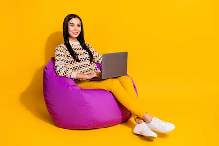 Profile full body photo of lady sitting big beanbag with laptop relaxing wear pullover isolated vibrant color backgroundの写真素材
