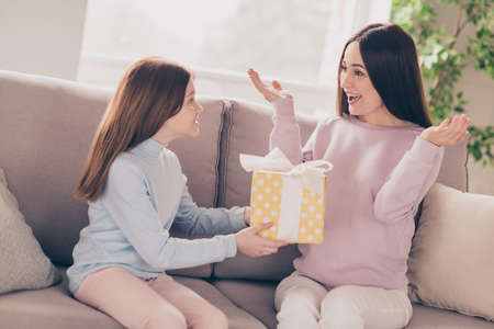 Portrait of beautiful trendy cheerful girls mommy mum getting giftbox from daughter at house flat indoorの写真素材