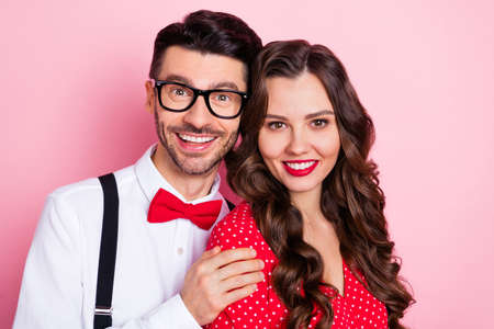 Photo of nice optimistic brown hair couple hug wear trend cloth isolated on pastel pink color...