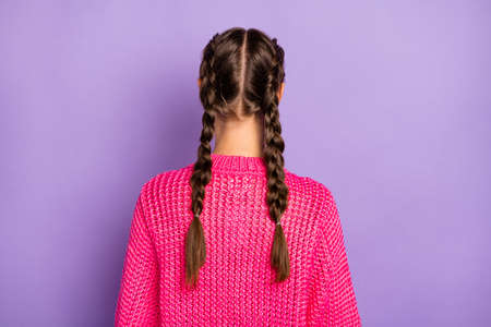 Back rear spine view photo of young woman braids hairstyle wear pink knitted sweater isolated on purple color backgroundの写真素材