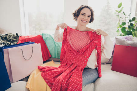 Photo of charming happy lady fit dress sit couch living room discount shopping bags indoors home inside houseの写真素材