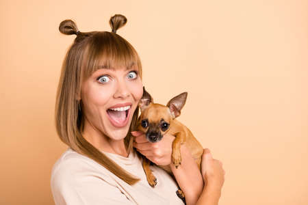 Photo portrait of shocked surprised woman keeping little dog staring opened mouth isolated on pastel beige color backgroundの写真素材