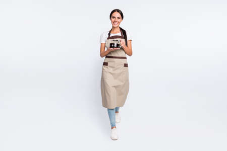 Full size photo of optimistic nice brown hair lady hold teapot wear t-shirt apron isolated on grey color backgroundの写真素材