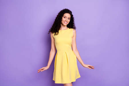 Photo of wavy hairdo gorgeous young lady smile look camera isolated on pastel violet color backgroundの写真素材