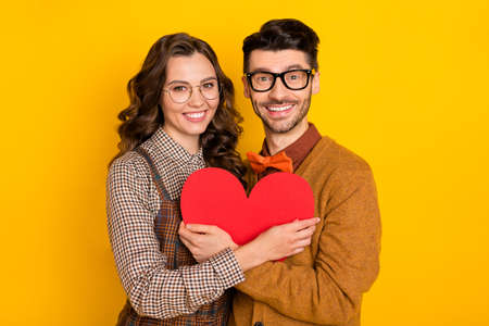 Portrait of attractive cheerful careful amorous couple embracing holding heart shape form figure isolated on bright yellow color backgroundの写真素材