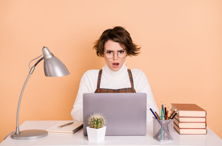 Photo of impressed nice short hairdo girl sit type laptop wear pullover isolated on peach color...