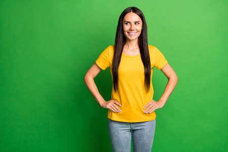 Photo of young attractive woman happy positive smile dream dreamy look empty space isolated over...