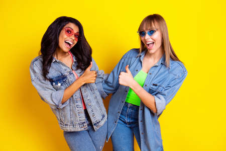 Portrait of two amazed astonished girls open mouth thumb up look camera isolated on yellow color backgroundの写真素材