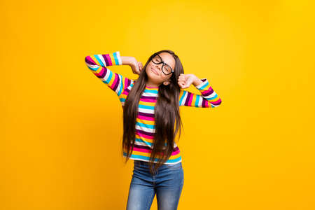 Photo portrait of lazy sleepy small girl with long hair tired relaxing after school want to sleep...