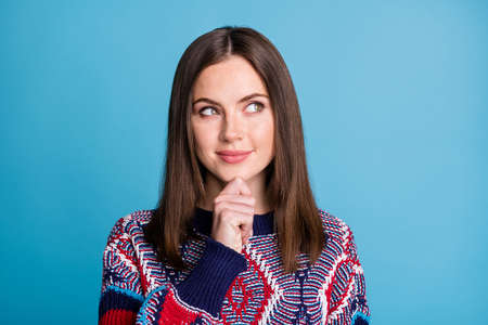 Portrait of attractive cheerful curious brown-haired girl thinking copy space clue guess isolated...