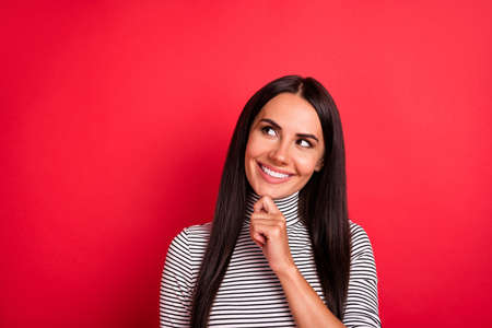 Portrait of attractive cheerful long-haired girl deciding solution copy empty space isolated over...