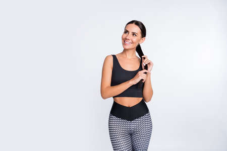 Photo of happy smiling dreamy lovely charming woman look copyspace prepare exercising isolated on...
