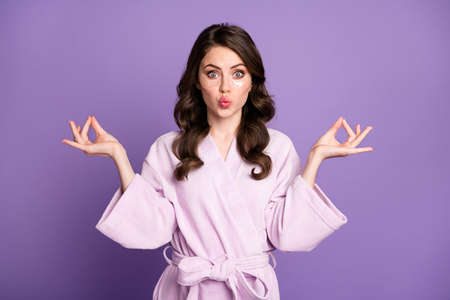Photo of young girl pouted lips meditate enjoy eye patches procedure collagen moisturize isolated...
