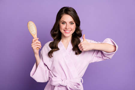 Photo of young attractive woman happy smile thumb-up choice choose hair brush advert recommend...